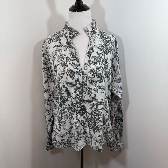 Pilcro Anthropologie Top M Stripe Floral Toile Balloon Sleeve Peasant Romantic - Picture 2 of 13